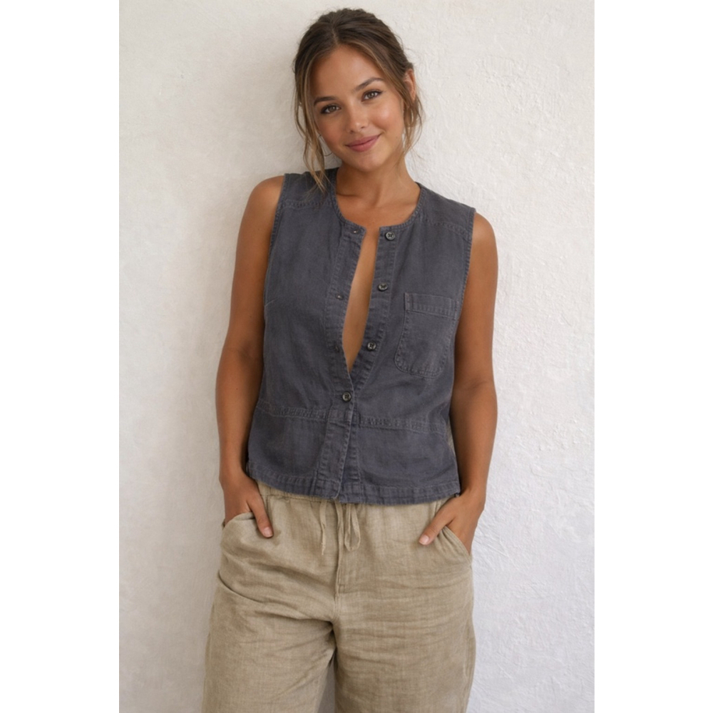Country Road Australia Linen Blend Sleeveless Button Front Top navy Size L Casua